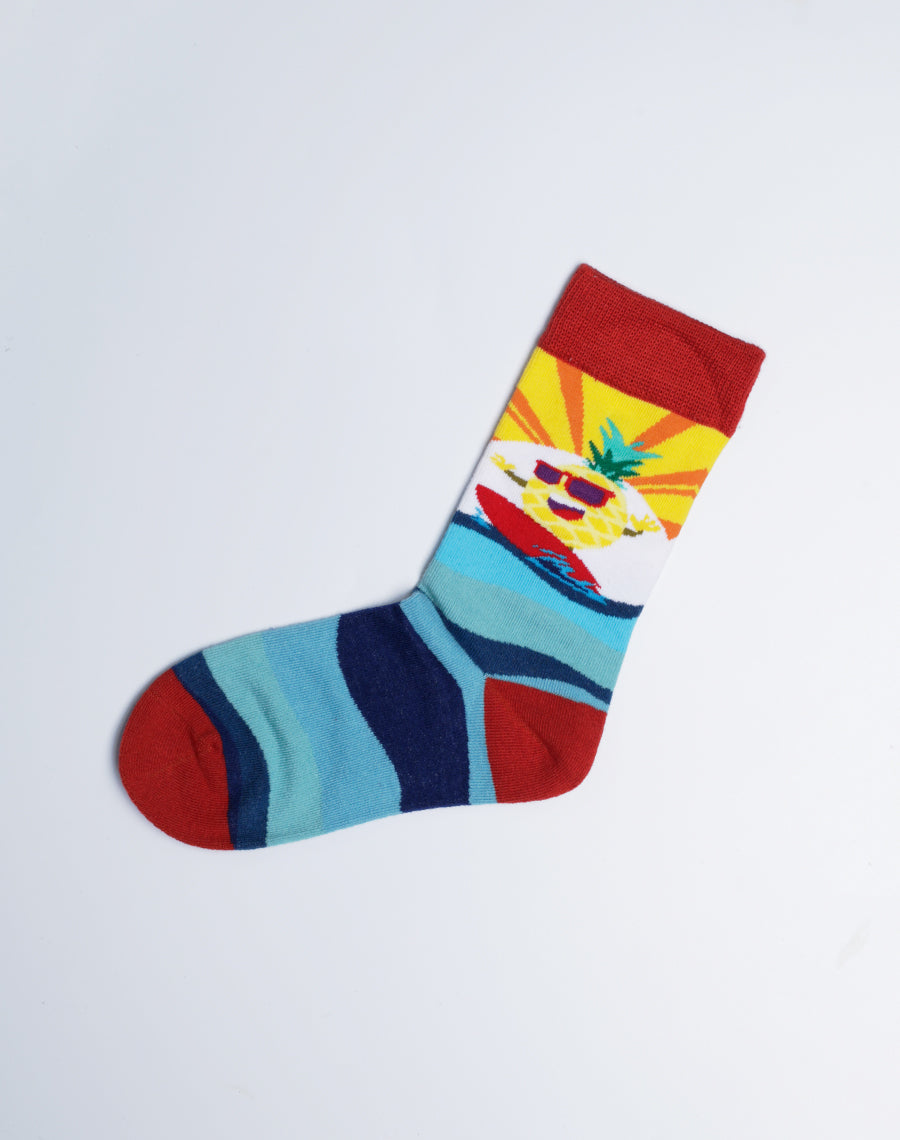 Cotton made Multi color Pineapple Crew Socks - Kids Aloha Pineapple Printed Socks