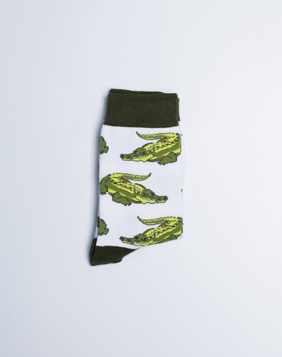 Kids Gator Gator Alligator Crew Socks - Alligator Printed Cotton White Color Socks