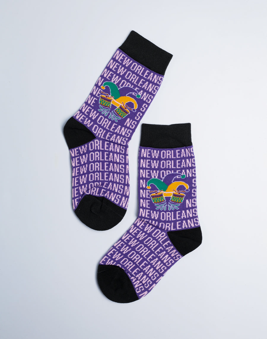 New Orleans Jester Drum Crew Socks for Kids - Purple Cotton Made - Just Fun Socks