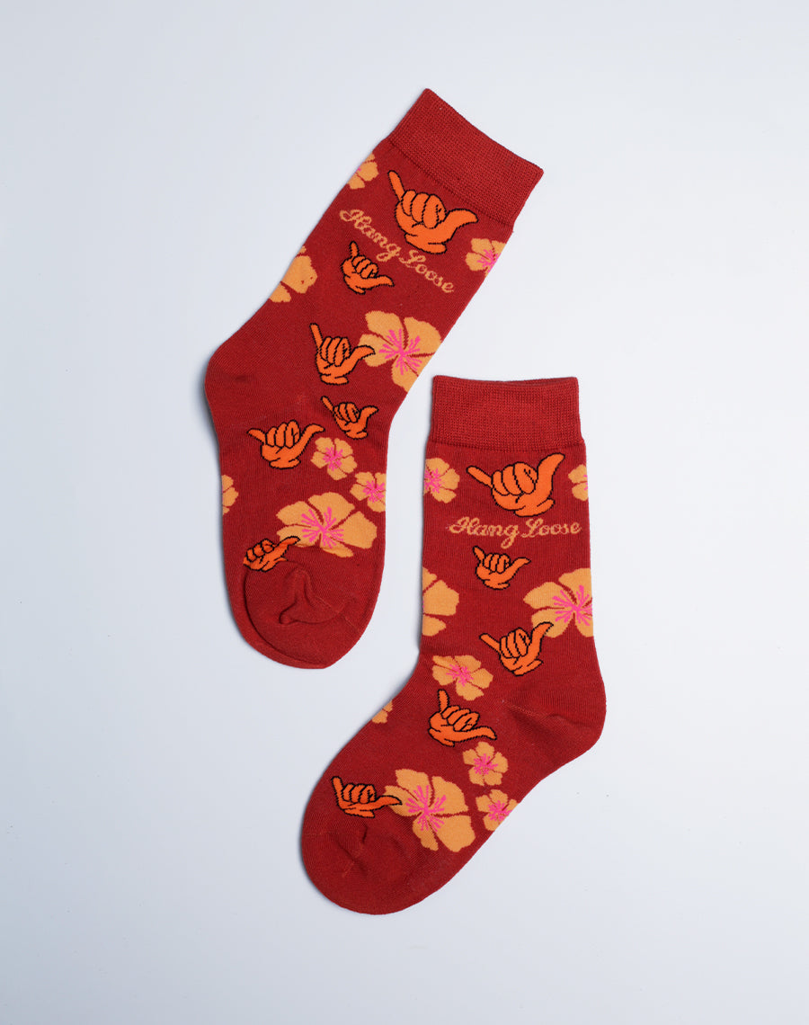 Kids Shaka Floral Hang Loose Crew Socks - Cotton made Socks - Red Color
