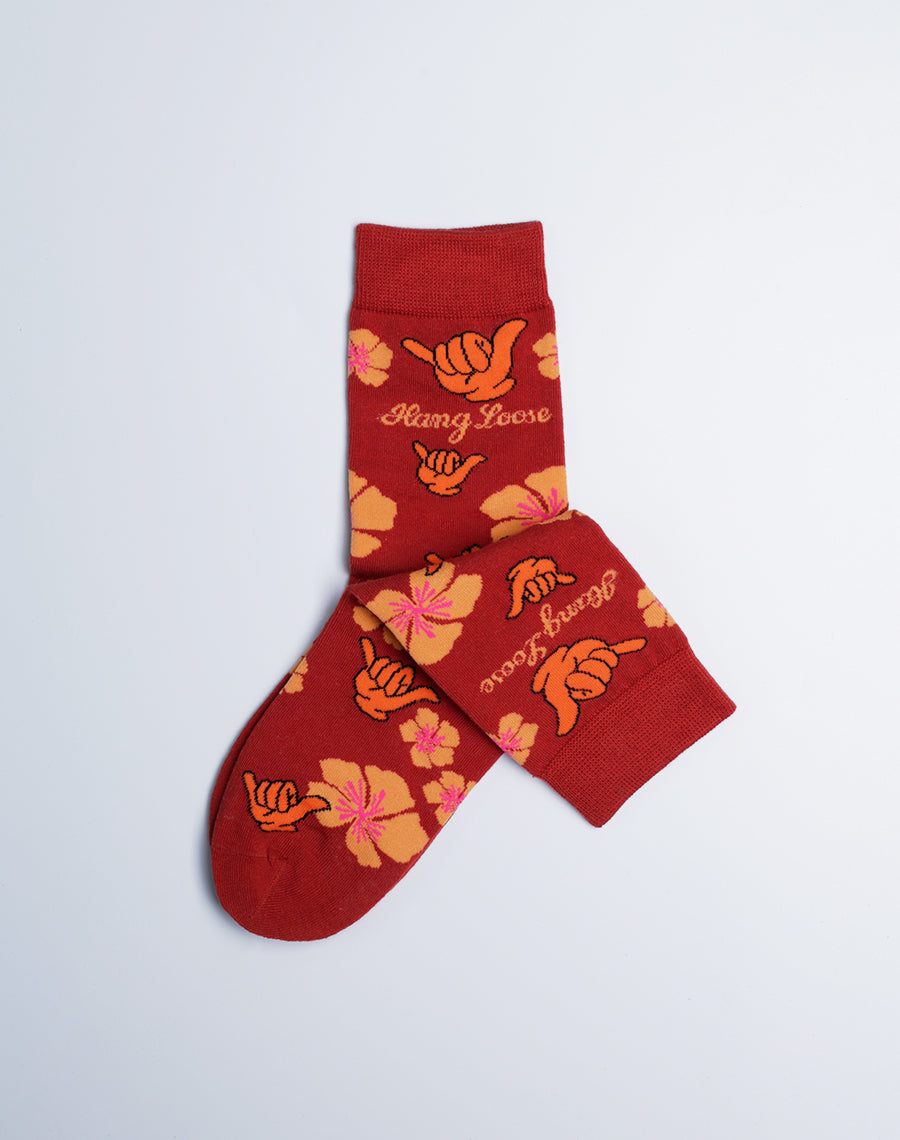 Shaka Floral Hang Loose Red Printed Socks for Kids
