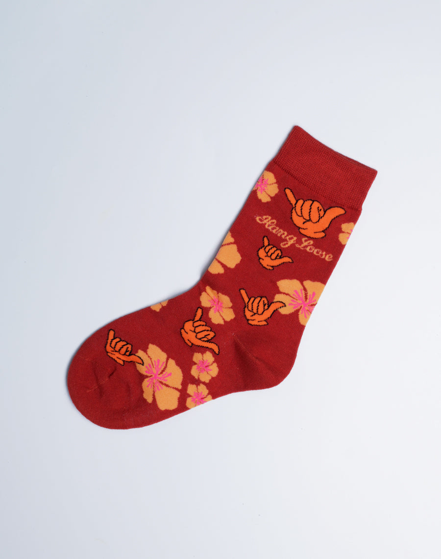 Floral Print Red color Cotton Made Socks - Kids Shaka Floral Hang Loose Crew Socks