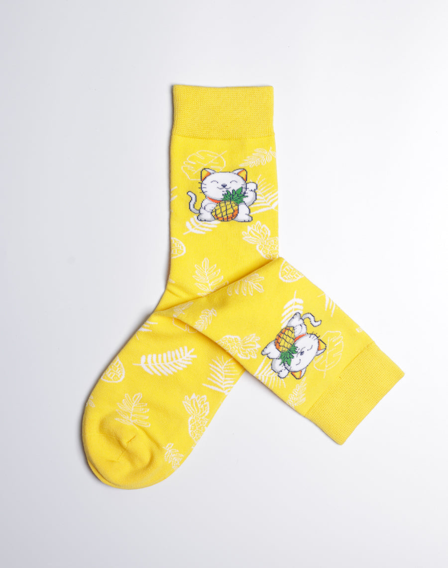 Women's Pineapple Prosperity Cat Crew Socks