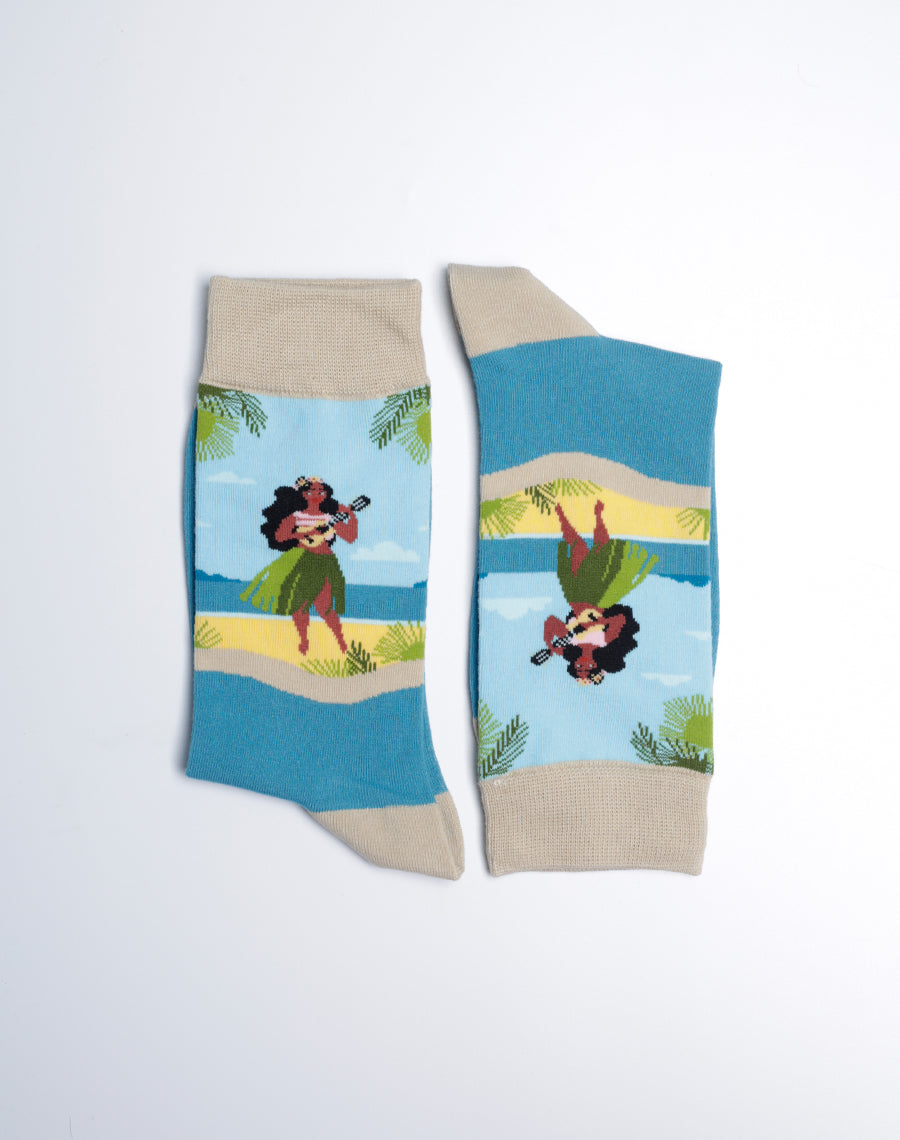 Hawaiian Girl Standing on the Beach Printed Crew Socks for Women - Blue Vacation Socks