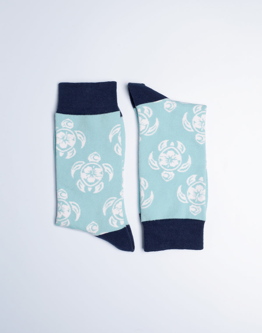 Light Blue Color Socks with Navy Blue Heels and Toes - Tropical Turtle Printed Socks for Ladies