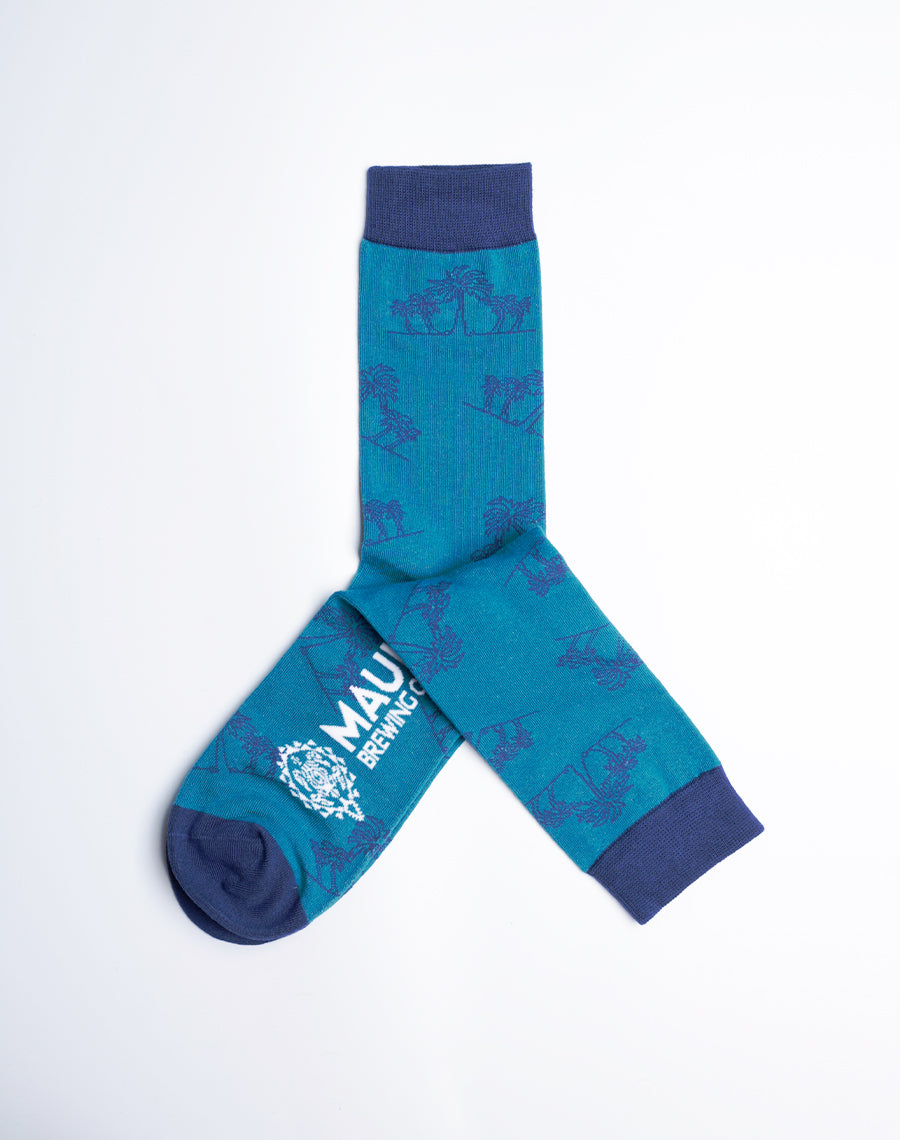Maui Brewing Company Tropical Palm Tree Crew Socks - Blue Color - Cotton made 