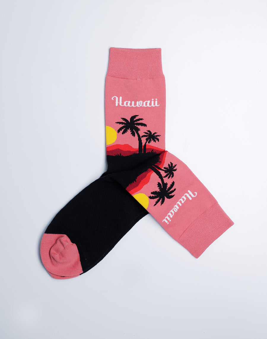 Women's Hawaii Palm Tropical Crew Socks - Cotton Made - Pink Color Socks