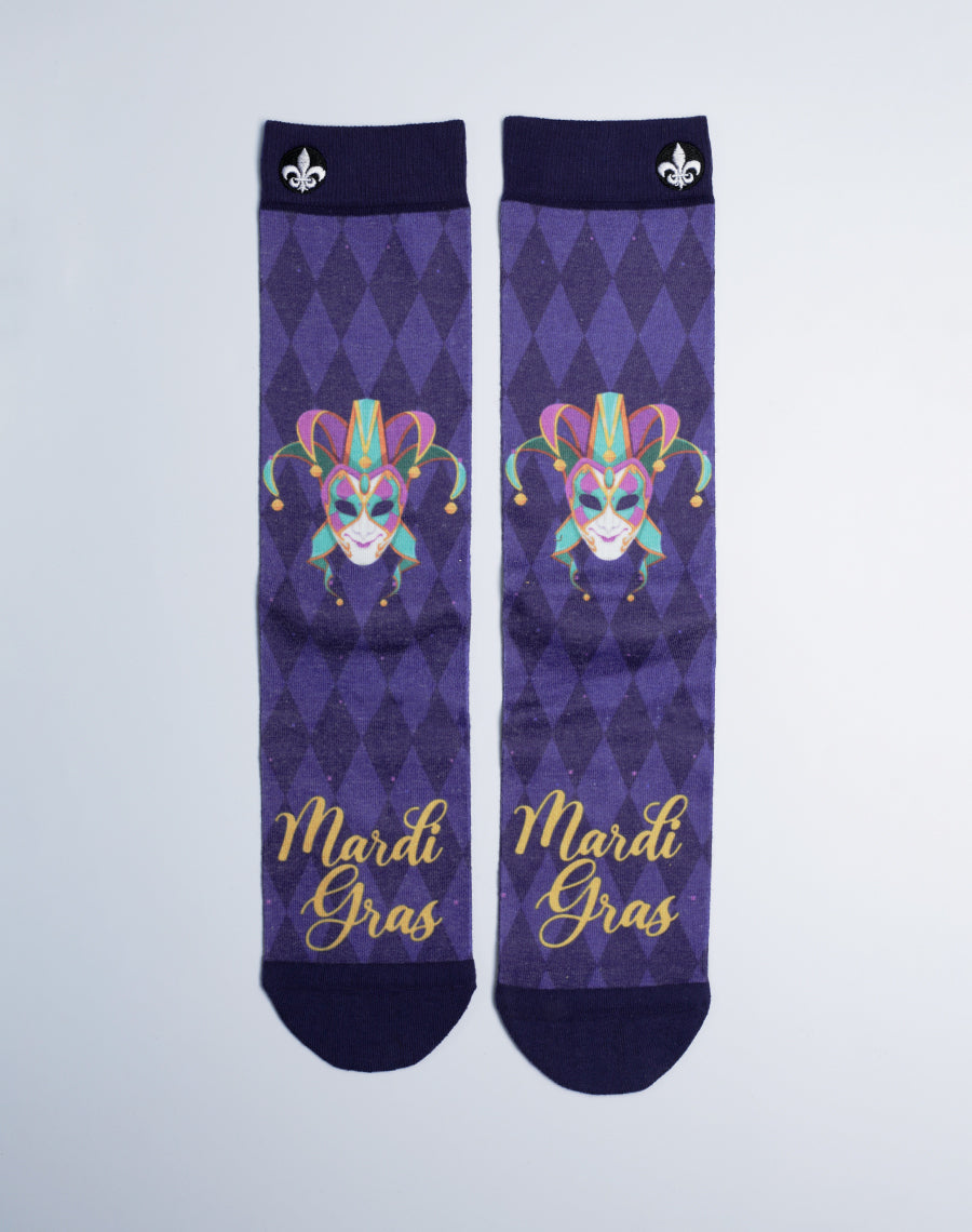 Unisex Mardi Gras Mystique Mask Purple Printed Crew Socks