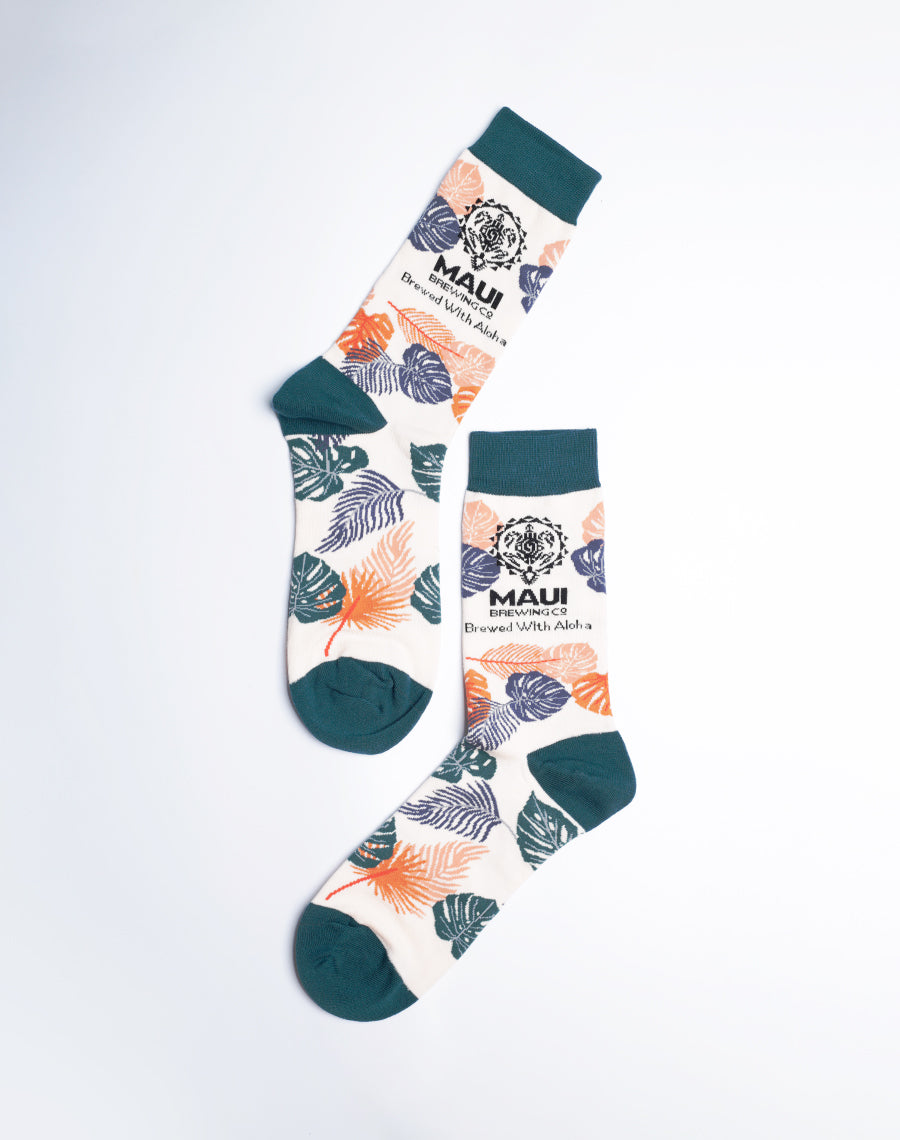 Maui Brewing Company - Aloha Floral Crew Socks - Cotton Made Cream Color Printed Socks