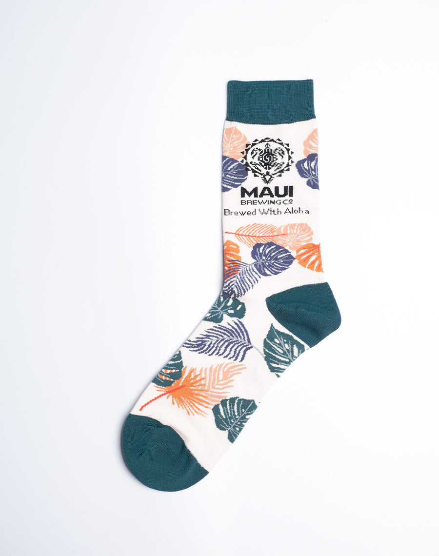 Maui Brewing Brewed with Aloha Printed - White Color Floral Crew Socks