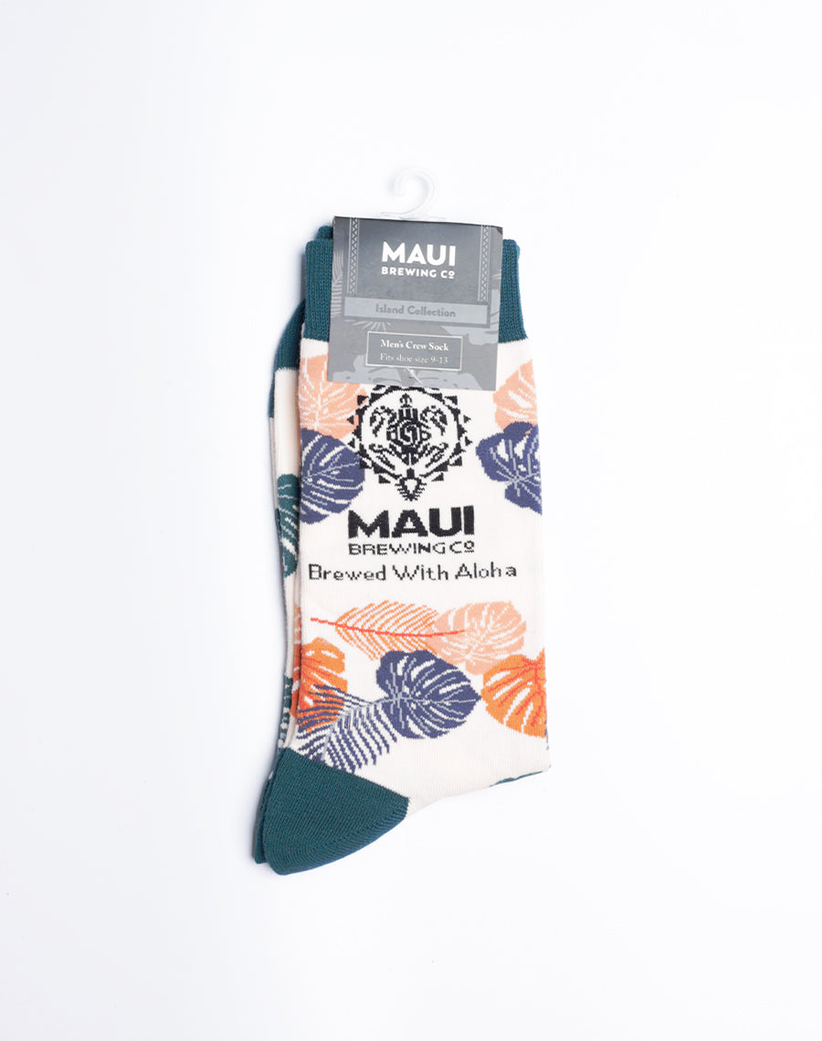 Maui Brewing Company Brewed With Aloha Floral Crew Socks for Men - Comfy Cream Color with Floral Printed - Cotton made and Machine Washable 