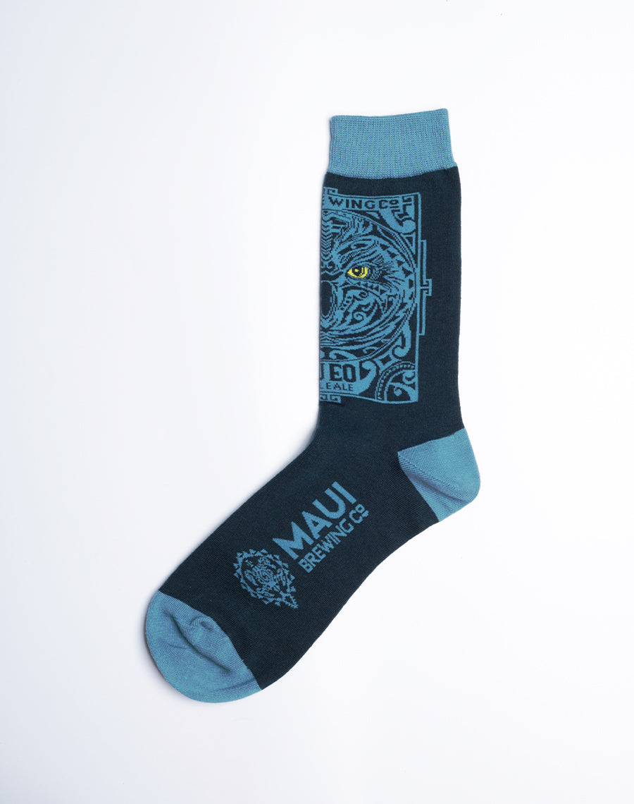Cotton made Pueo Pale Ale Crew Socks for Men- Navy Blue with Owl Print