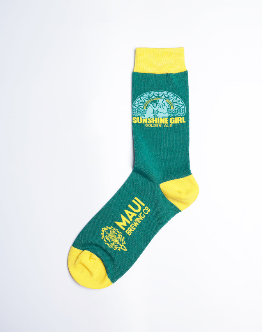 Sunshine Girl Golden Ale Green Color Crew Socks - Maui Brewing Company Theme socks