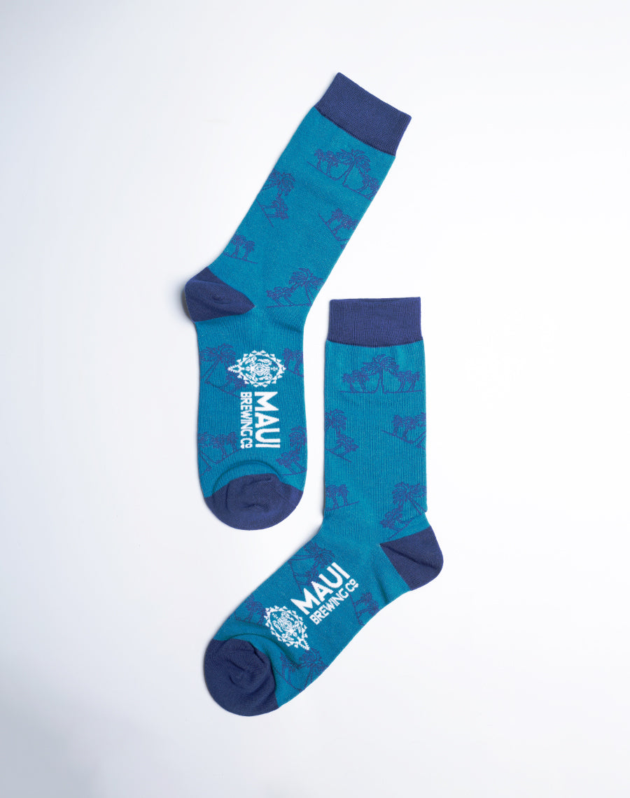 Blue Color Crew Socks - Maui Brewing Tropical Palm Tree Socks for men - Cotton socks
