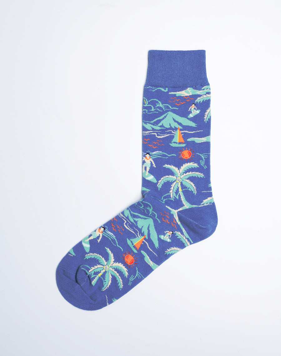 Men's Beach Day Crew Socks (Blue) - Cotton Made - Printed Socks