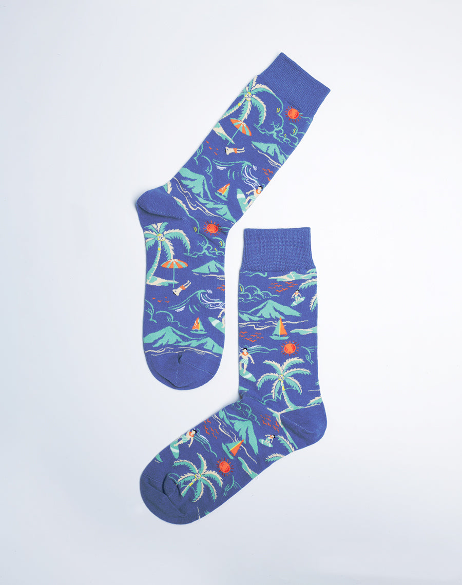 Beach Day Blue Color Comfy Cotton Socks for Men