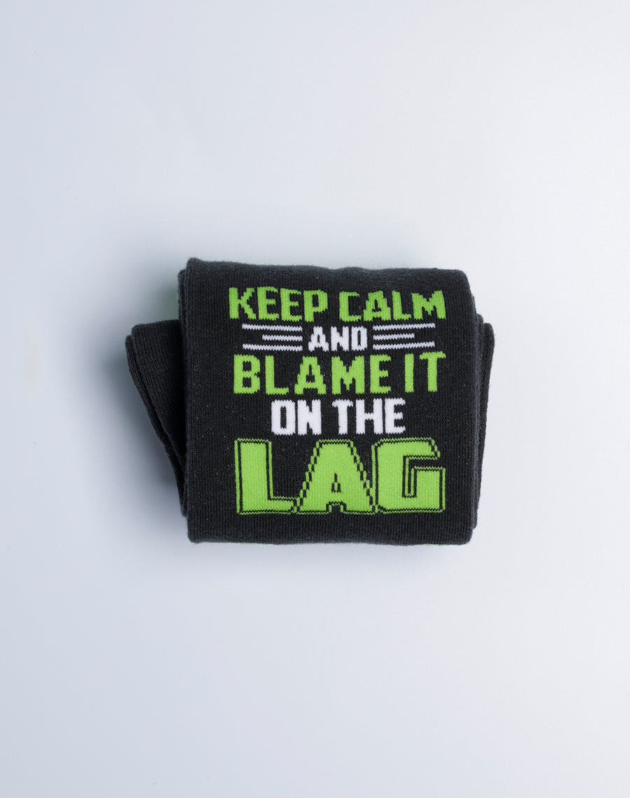 Mens Funny Socks with Sayings - Keep Calm and Blame the Lag - Black Lime Color Cotton made Socks