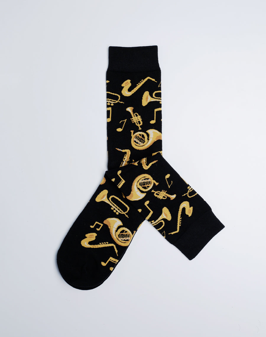 Men's Brass Instruments Jazz Music Crew Socks - Just Fun Socks - Black Golden Cotton Made Woven Socks