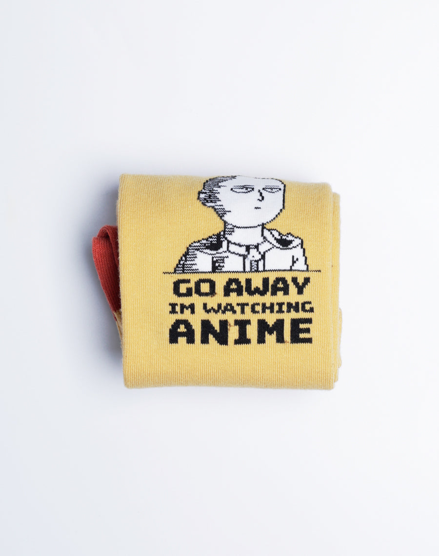 Mens Anime Socks - Go Away I am watching Anime - Funny Socks with Sayings - Yellow Color