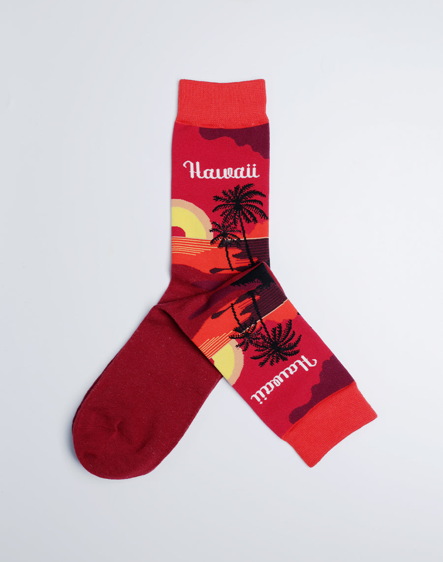 Mens Hawaii Sunset Crew Socks - Red Burgundy Color Socks