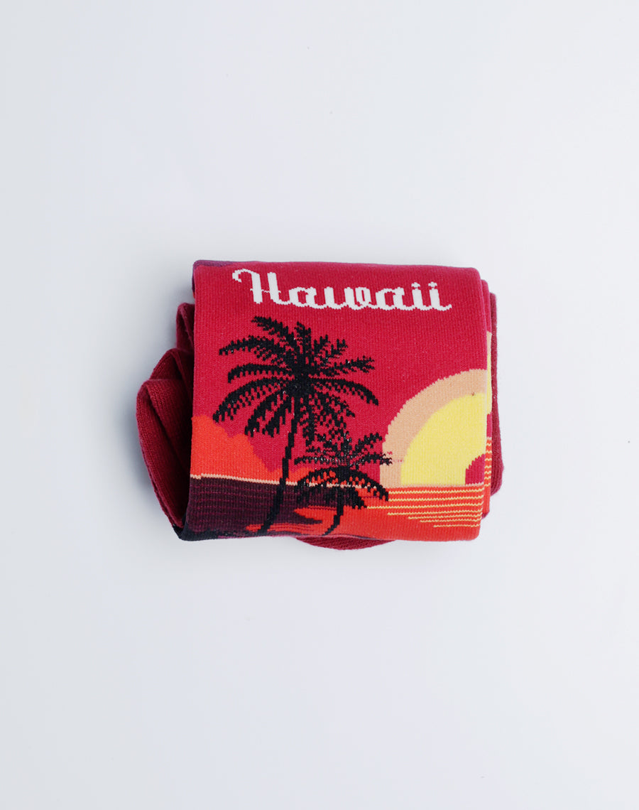 Hawaii Printed Sunset Crew Socks for men - Novelty Cotton made Socks - Red/Burgundy Color