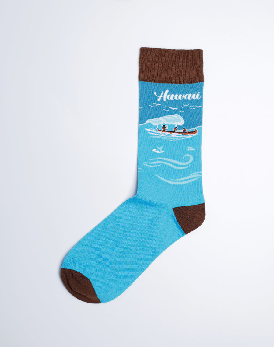Hawaii Outrigger Crew Socks for Men - Cotton made Blue Color Printed Socks 