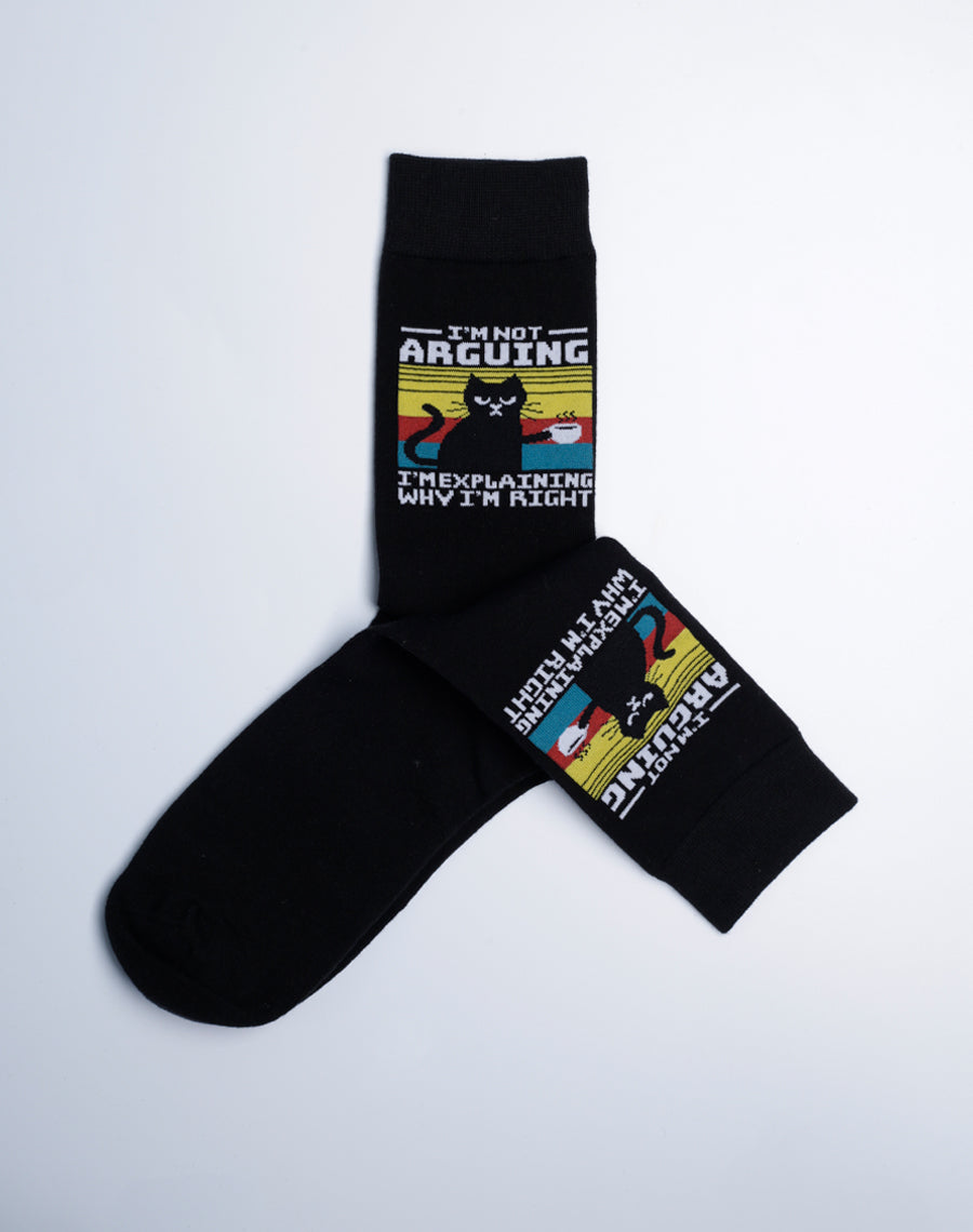 Men's I'm Not Arguing I'm Explaining Funny Cat Crew Socks - Black Color Cotton Socks