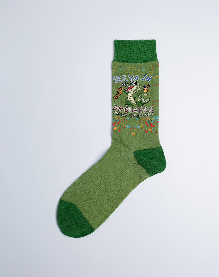 In Da Quarter Party Alligator Crew Socks - New Orleans Printed Green Color Cotton Socks