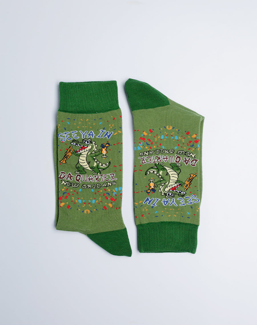 Funny and Silly New Orleans Gator Printed Crew Socks for Men
