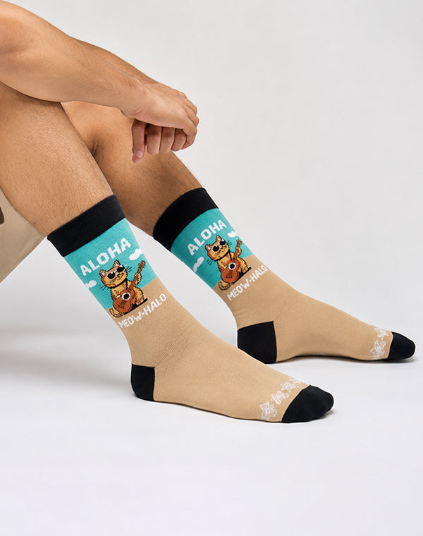 Men's Meowkulele Beach Cat Crew Socks