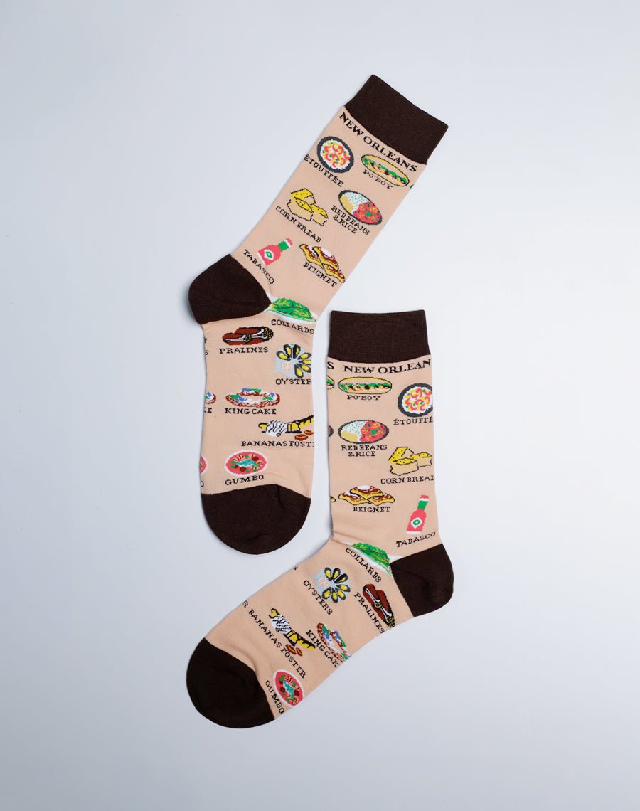 Men's New Orleans Food Tour Crew Socks - Food Printed Beige Color Socks 