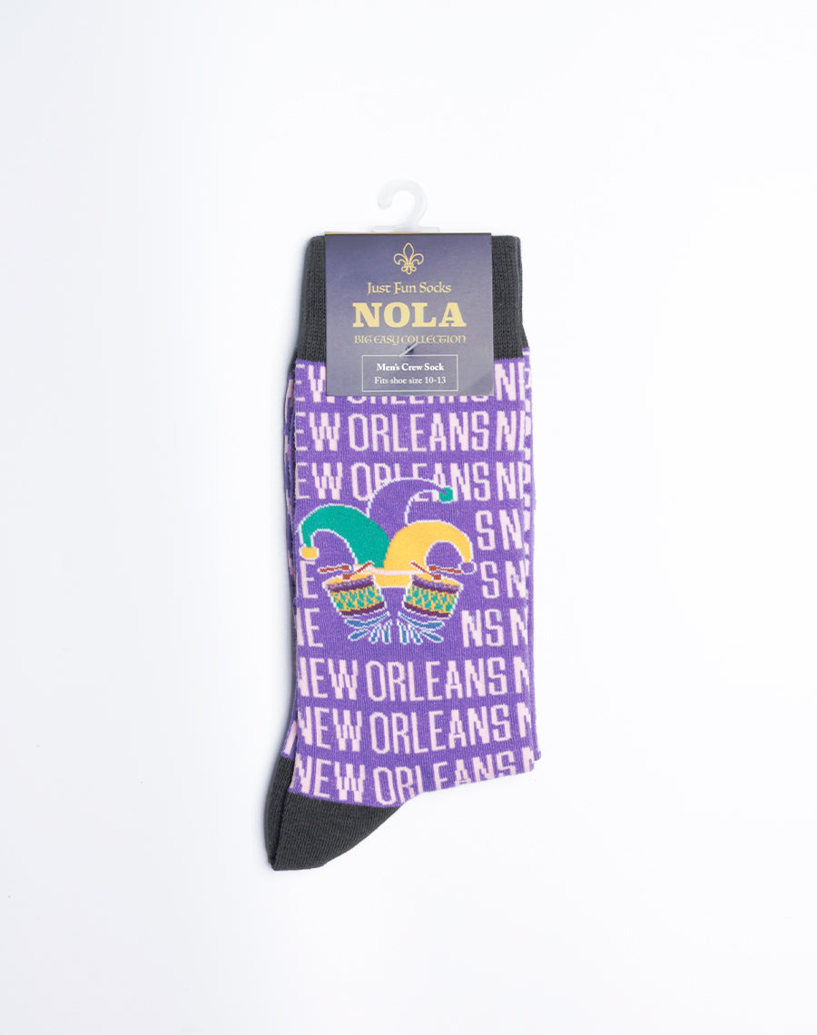 NOLA Collection - New Orleans Jester Drum Socks - Purple Color Cotton Made Printed New Orleans Themed Socks