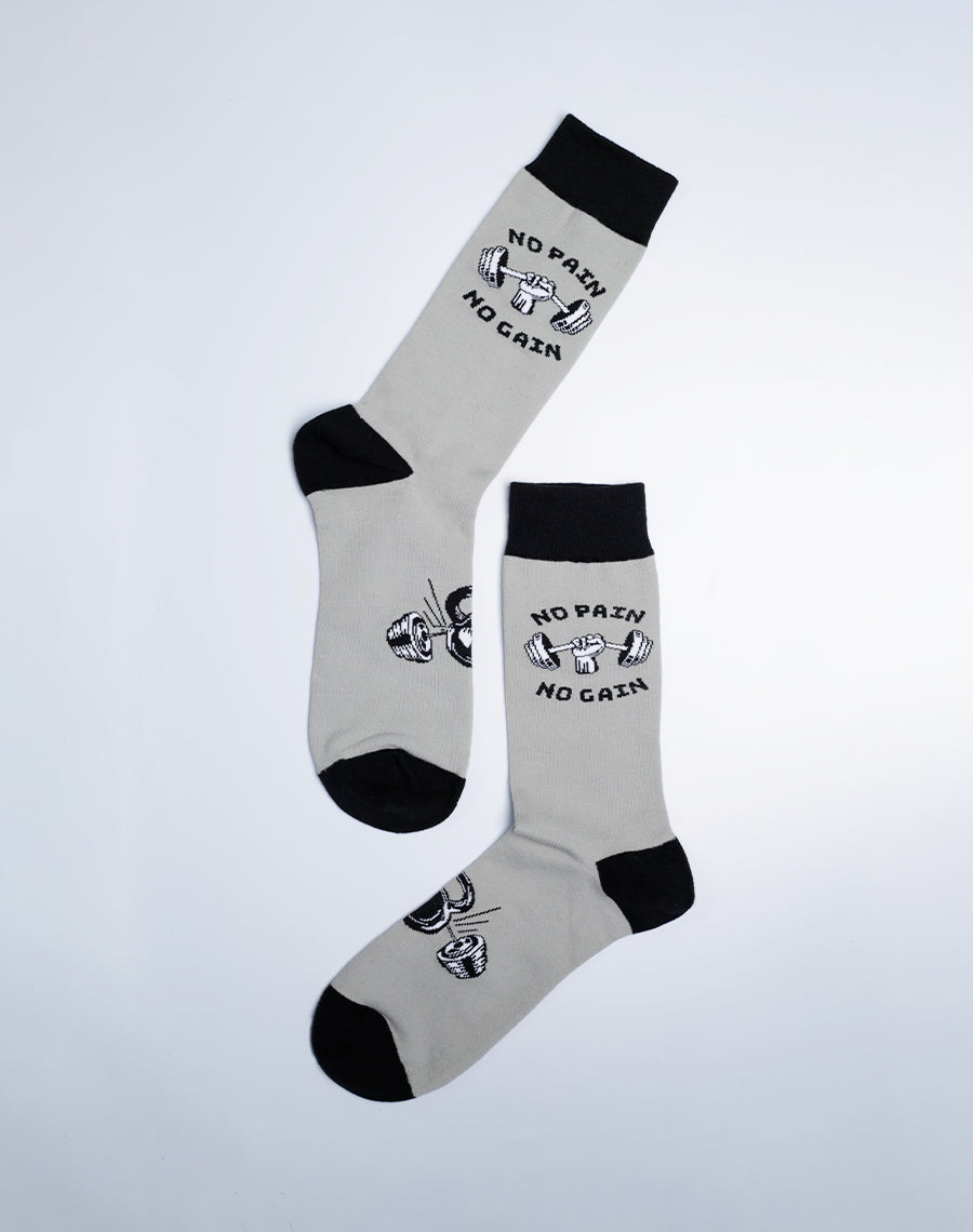 Grey and Black No Pain No Gain Printed Socks for Men