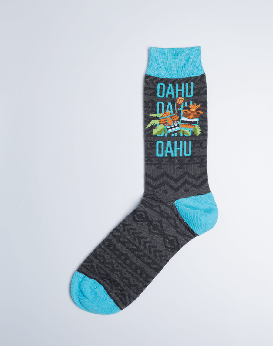Men's Oahu Tiki Crew Socks (Grey) - Cotton Made Hawaiian Tropical Socks