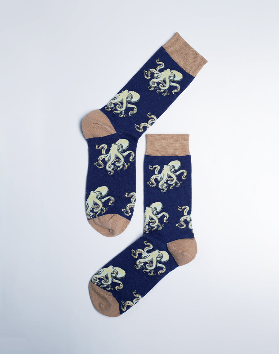 Animal Printed socks - Men's Octo Marine Octopus Crew Socks - Navy Blue Color