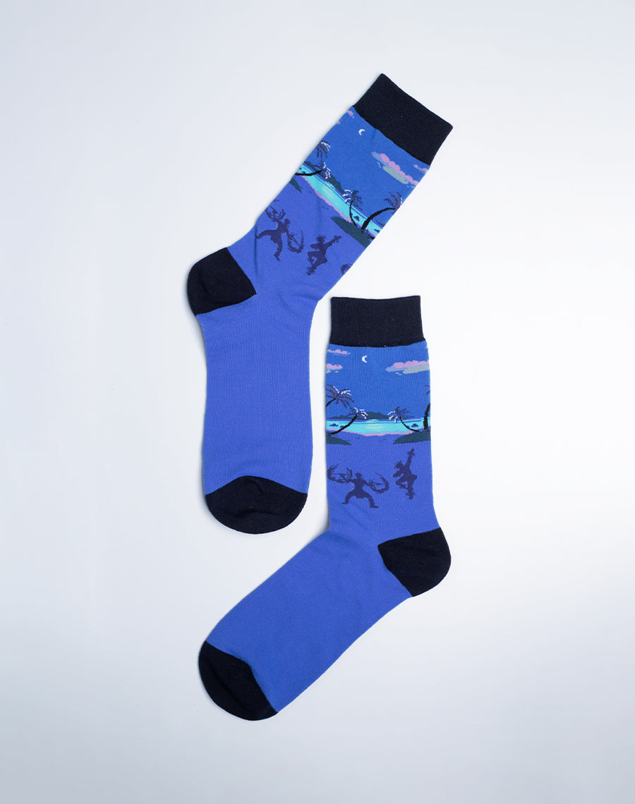 Two men dancing on the beach of Hawaii - Printed Blue Colour Polynesian Fire Socks - Just Fun Socks