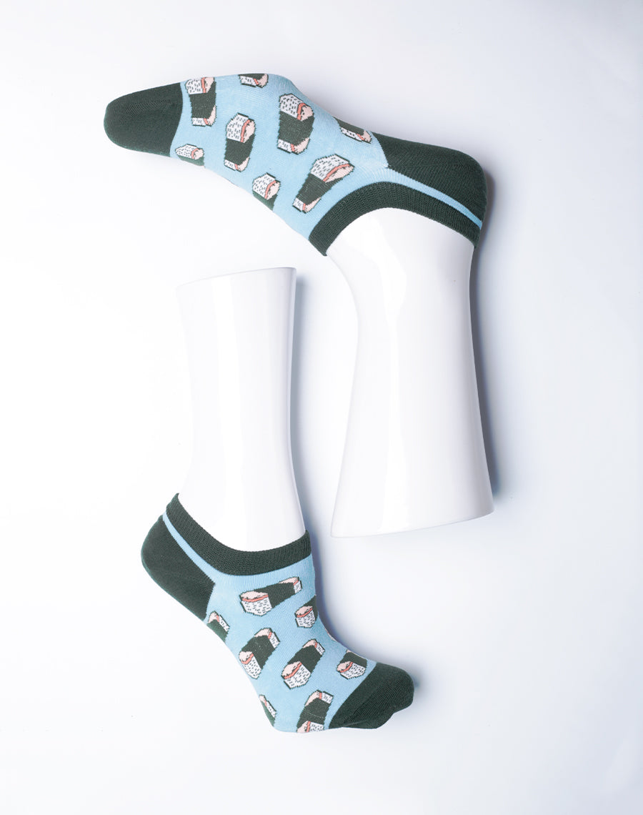 Mens Spam Musubi No Show Ankle Socks - Blue Printed Socks