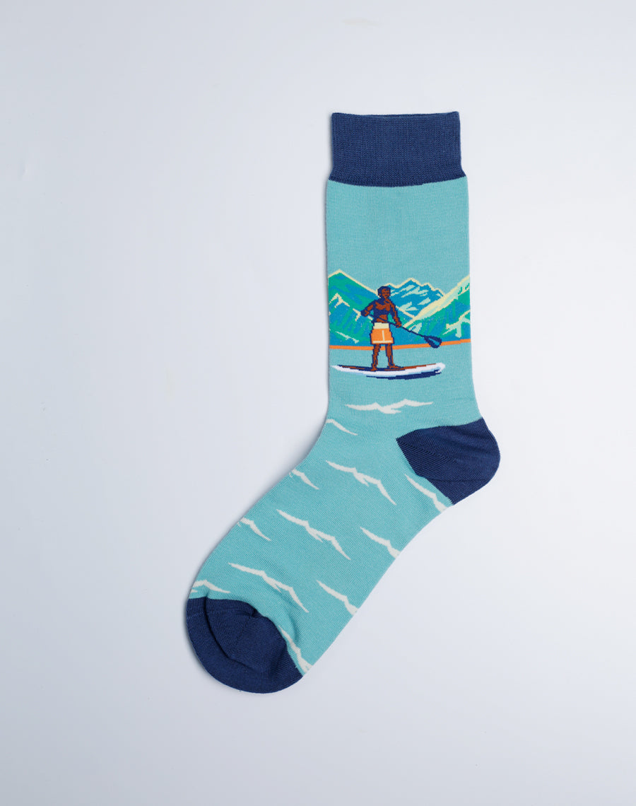 Men's SUP Stand Up Paddle Board Hawaiian Crew Socks (Blue) - 3 Socks Pack - Cotton Made
