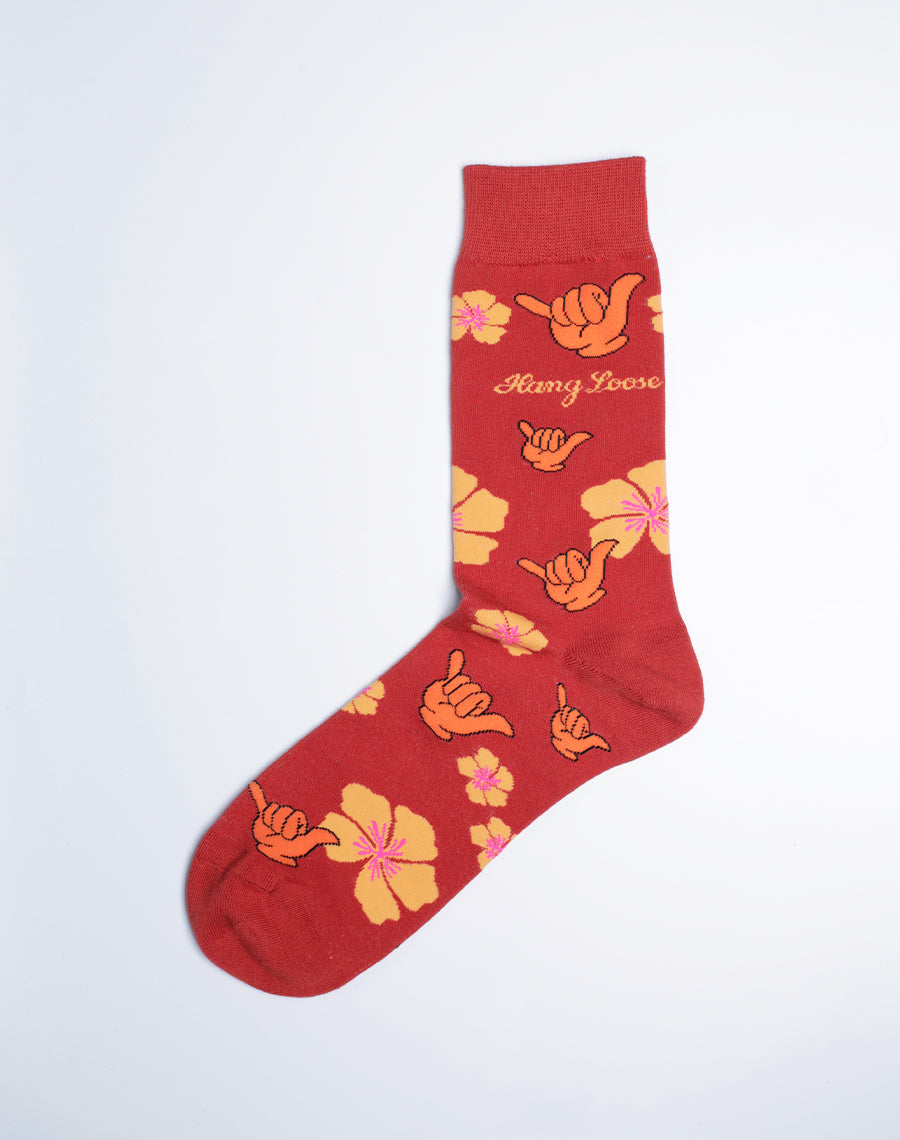 Men's Shaka Floral Hang Loose Crew Socks (Red) - Cotton Made Printed Socks