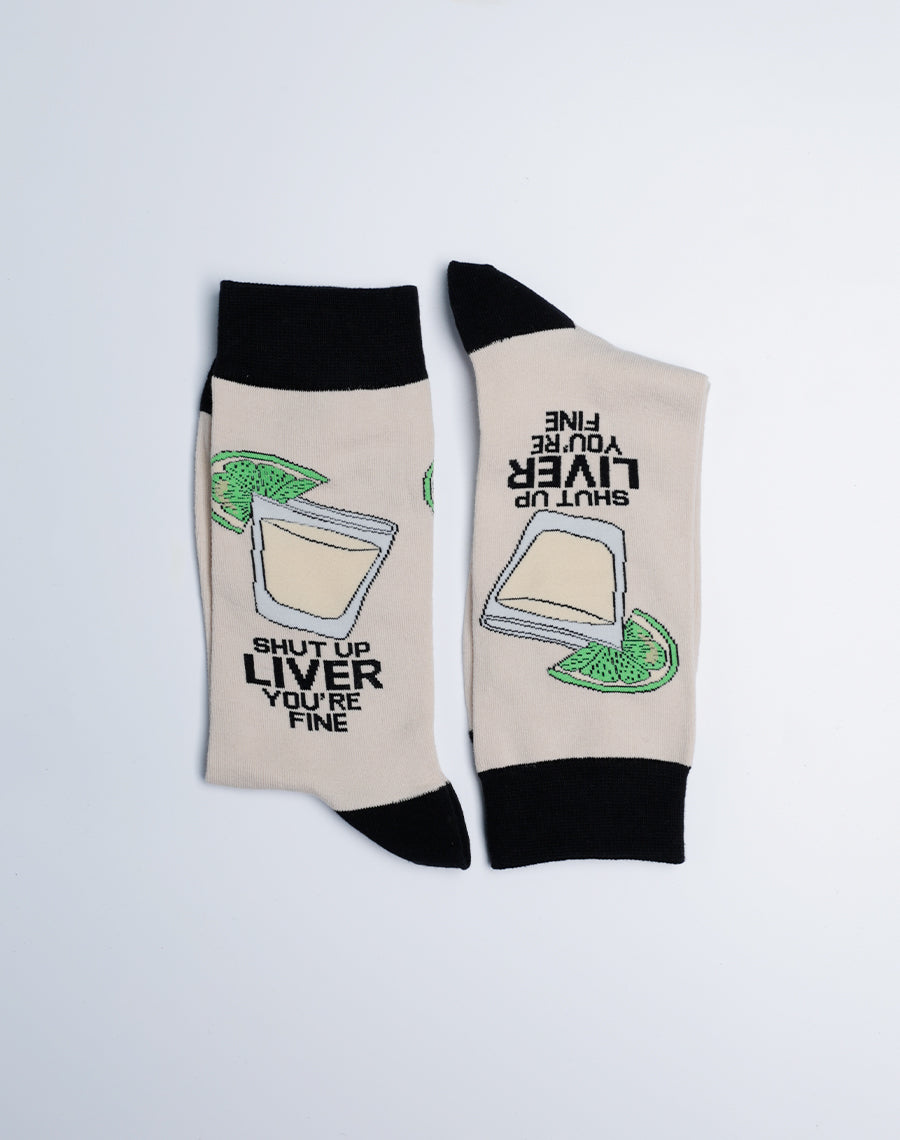 Men's Shut Up Liver You're Fine Tequila Crew Socks - Cream Color Comfy Party Socks
