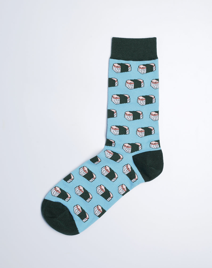 Comfy Socks with Designs - Hawaiian Food Printed Socks - Musubi Theme Blue Color Socks