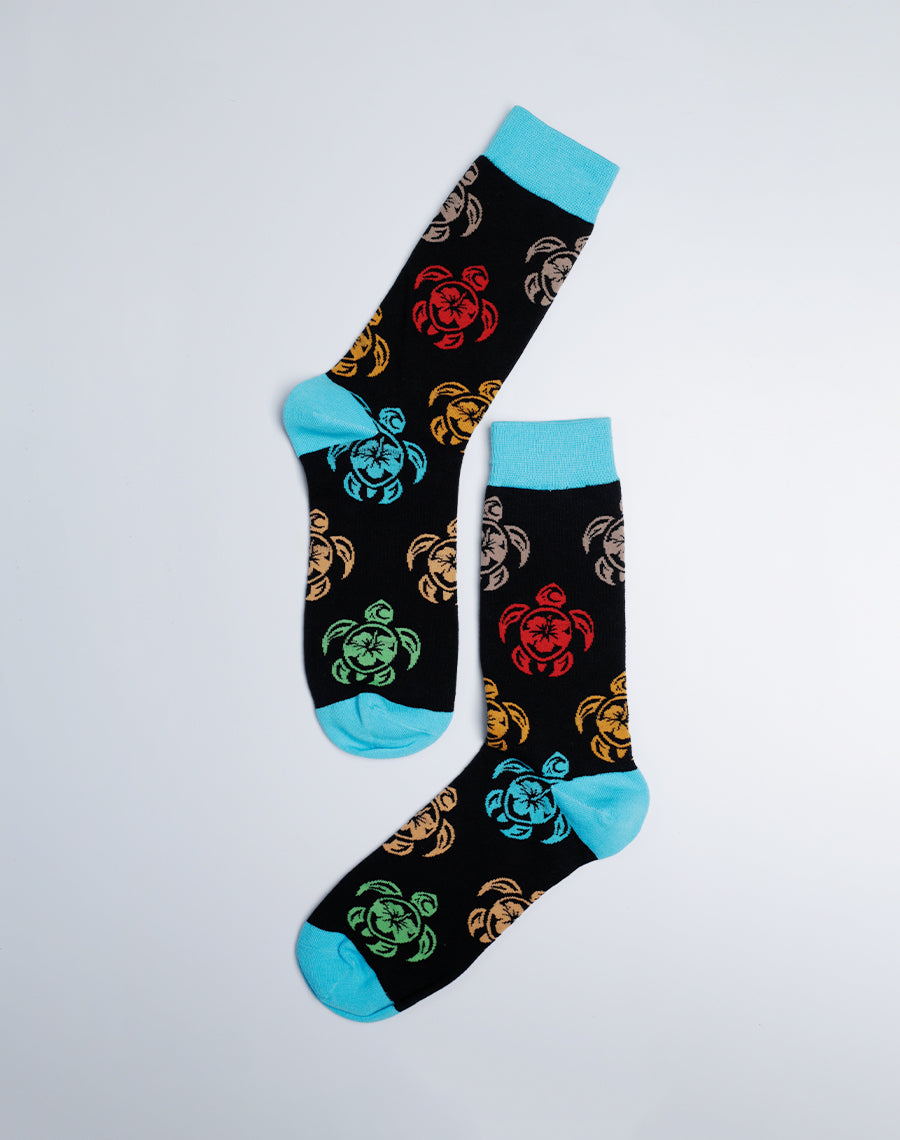 Black Color Tropical Socks for Men - Tribal Turtle Printed Cotton made 