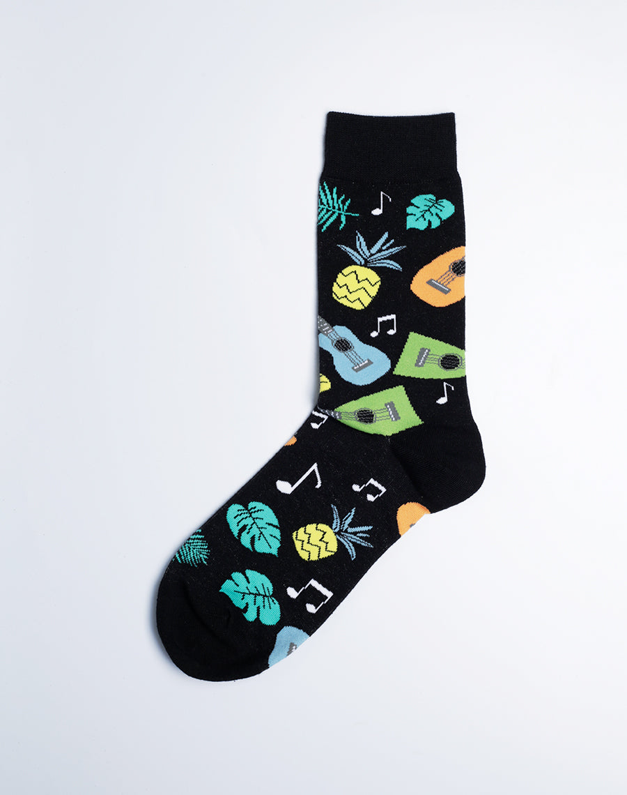 Men's Tropical Ukulele Crew Socks (Black) - Tropical Vibes Socks Collection Pack - Cotton Made - 