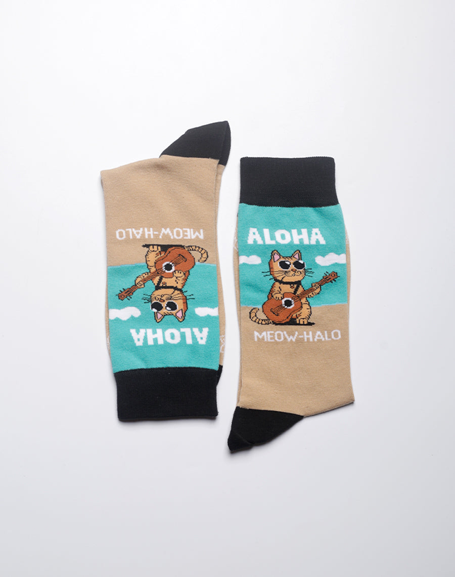 Men's tropical cat crew socks with fun meowkulele design
