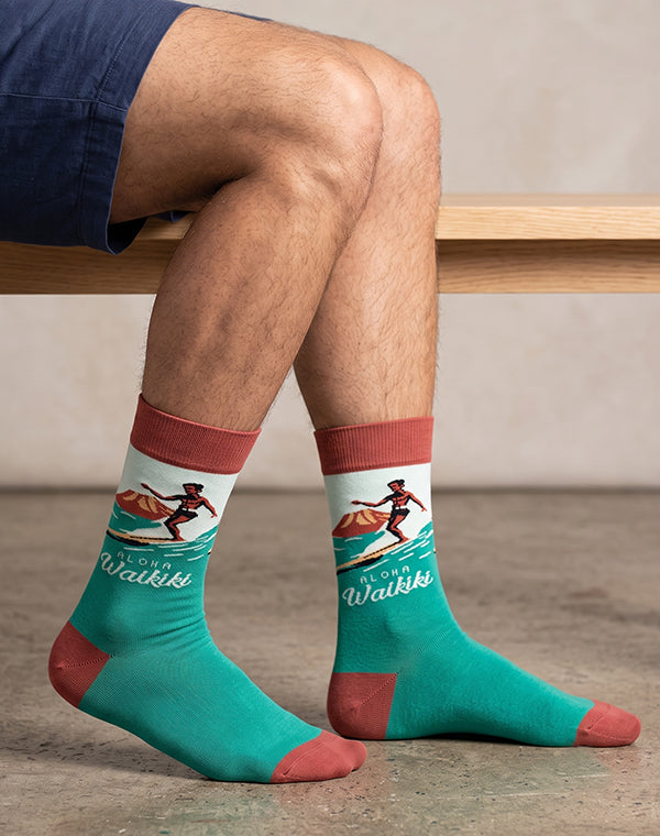 Mens Aloha Waikiki Wave Rider Crew Socks