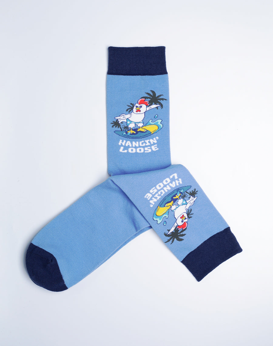 Hangin Loose Funny Chicken Surfing On Ocean - Blue Printed Cotton Made socks for Men