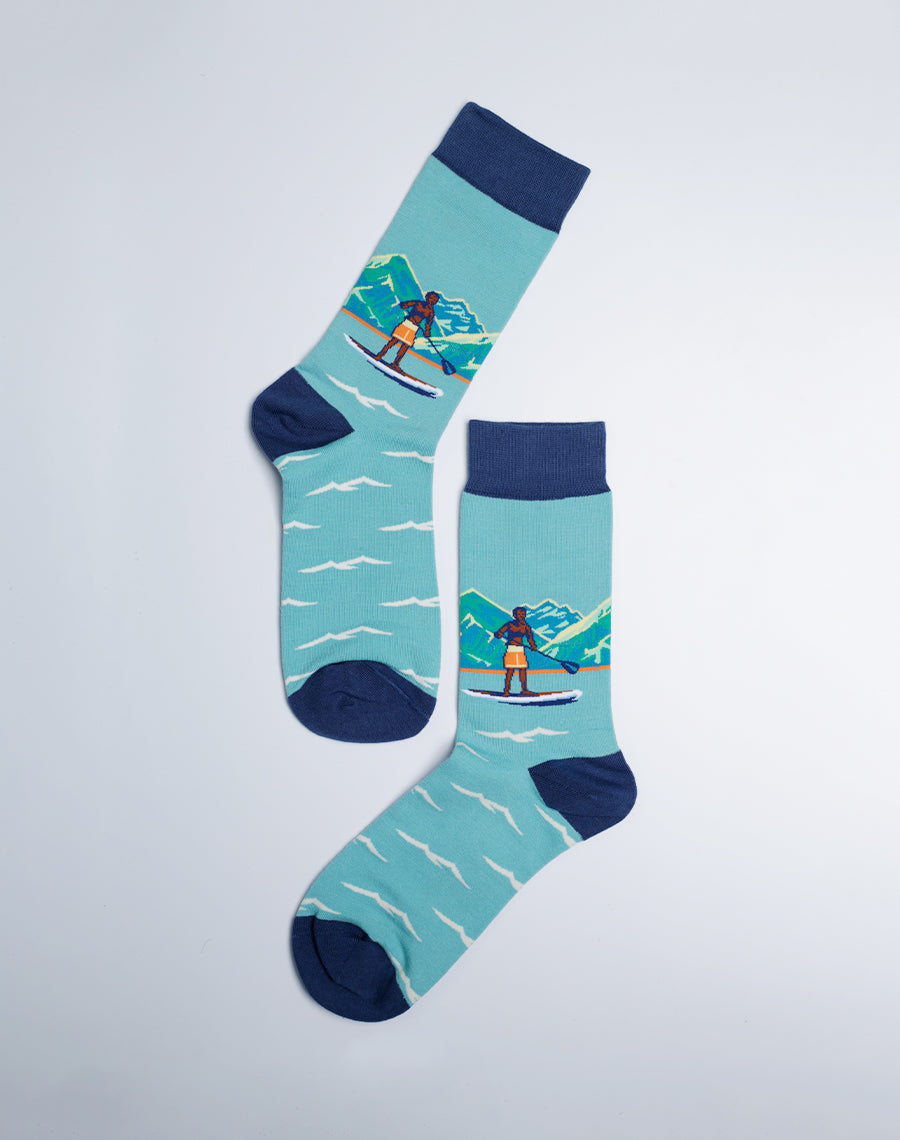 Light Blue Crew Socks for Men - Hawaii Ocean Printed Socks