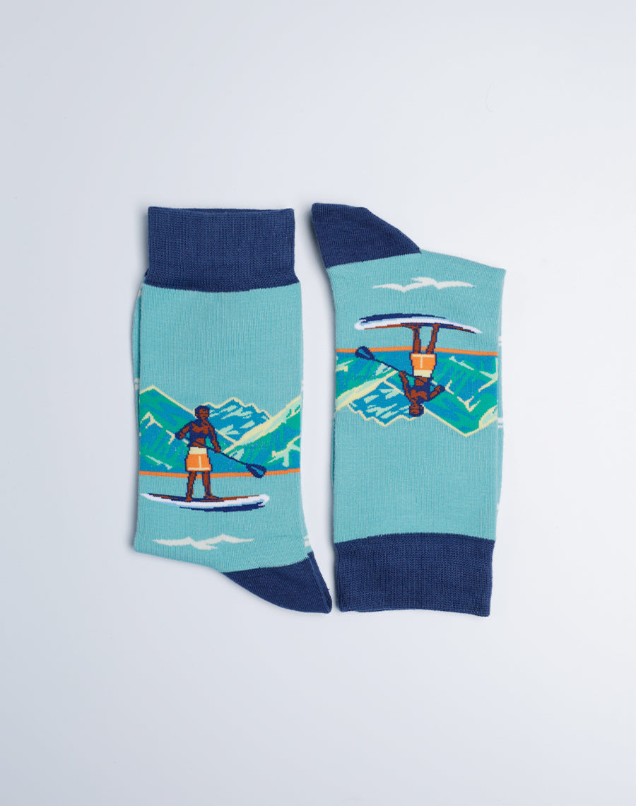 Mens Tropical Hawaii Socks - SUP Stand Up Paddle Board Hawaiian Blue Color Crew Sock