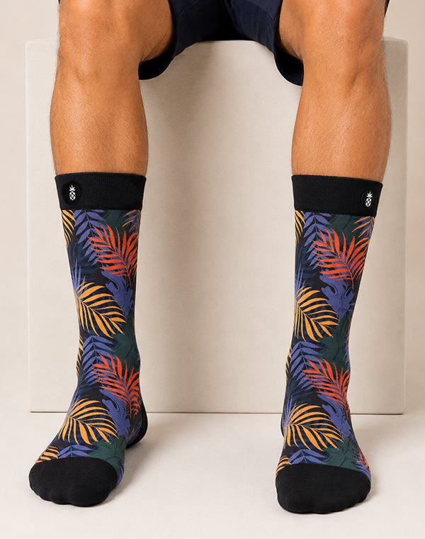 Midnight Tropical Palm Printed Crew Socks