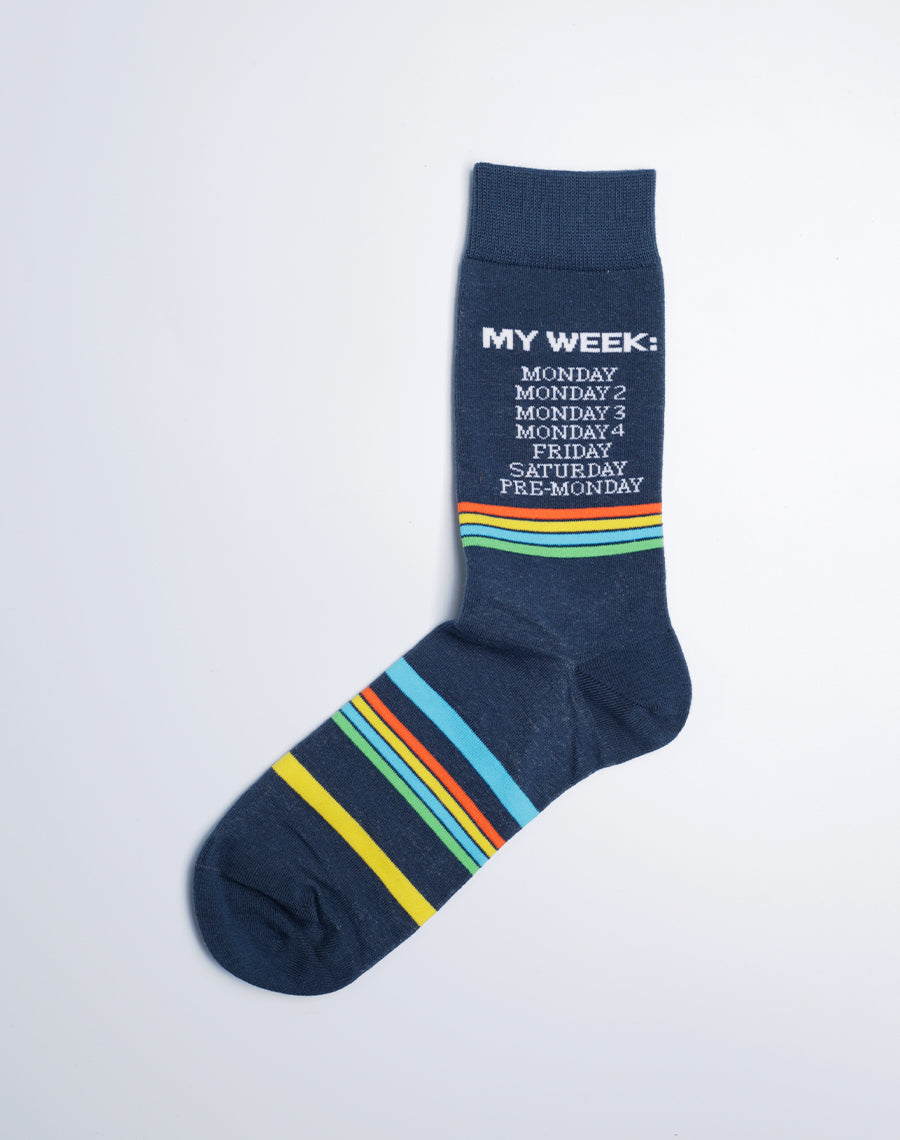 My Week Monday Funny Crew Socks for Men - Navy Blue Color